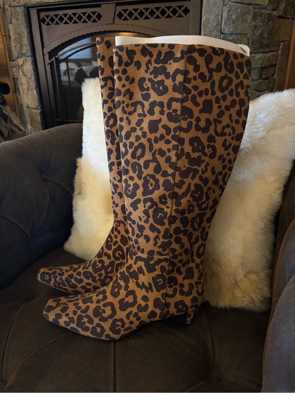 Leopard Print Knee-High Heeled Boots - Brown/Black